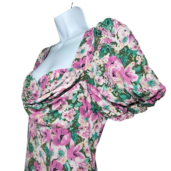 ASTR The Label Dayanara Dress Green Pink Floral Puff Sleeve Slit Maxi size Large - Picture 6 of 11
